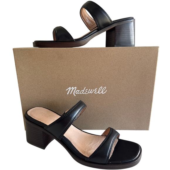 Madewell Saige Heeled Mules Slip On Size 9.5 Double Strap Black Leather NK041 - Picture 1 of 11